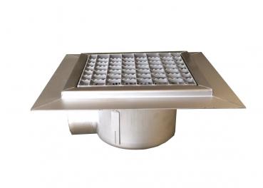 Bodenablauf Edelstahl 300 x 300mm Ablauf DN 75 waagerecht mit Flansch